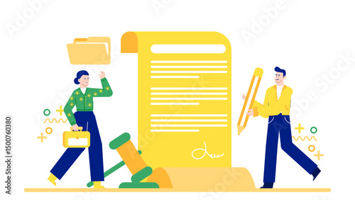 Two people sign a document with a pencil and gavel. Legal, business, contracts, agreements, law, paperwork, signing, decision making, partnership.