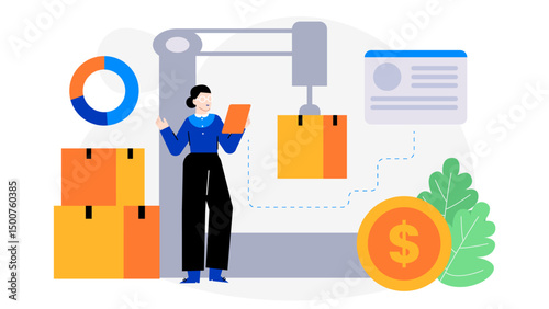 Woman operating machinery in a modern warehouse, showcasing automation technology. Suitable for industrial, technology, and workforce concepts.