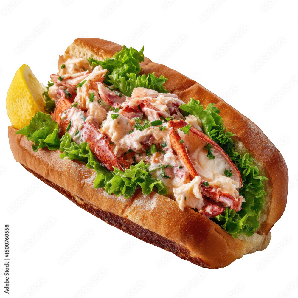 A close up of a lobster roll with lettuce and a lemon wedge on a transparent background studio shot A close up of a lobster roll with lettuce and a lemon wedge on a transparent background studio shot