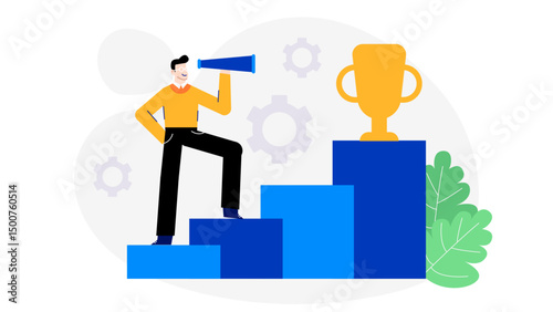 Man with a telescope admires a trophy on a podium. Ideal for success, achievement, ambition, competition, goal setting concepts in design.