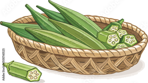 Ladies Finger Okra in Wicker Basket White Background Illustration
