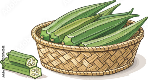 Ladies Finger Okra in Wicker Basket White Background Design