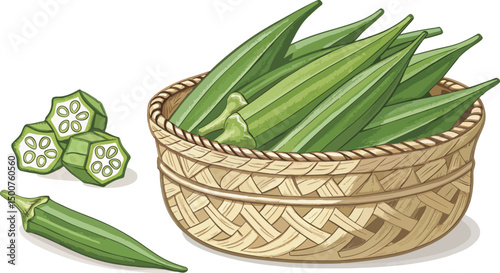 Ladies Finger Okra in Wicker Basket White Background Illustration