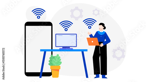 Woman working at a desk with a computer and phone. Suitable for business, office, technology concepts. Professional female multitasking.