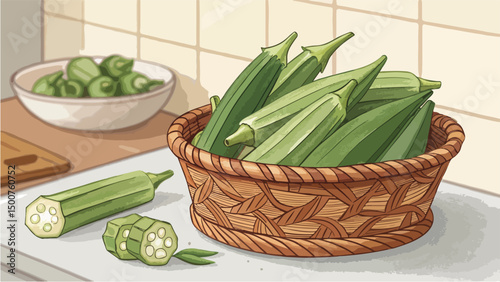 Ladies Finger Okra in Basket Kitchen Still Life Design