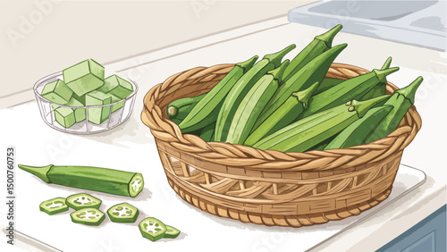 Ladies Finger Okra in Basket Kitchen Still Life Design