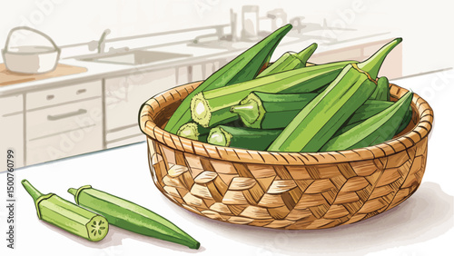 Ladies Finger Okra in Basket Kitchen Vector Illustration