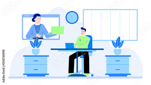 Man video calls woman, discussing work or relationship. Suitable for communication, telecommuting, online dating, relationship counseling, and virtual meetings.