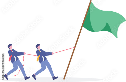 people teamwork or partnership helping raise winning flags.

