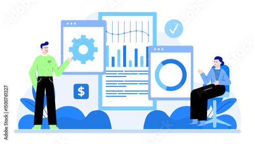 Two people discussing business analytics in front of graphs and charts, suitable for financial presentations, reports, websites, and articles.