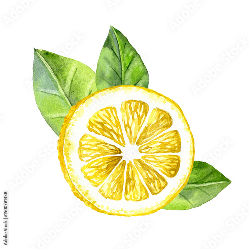 watercolor lemon slice with leaves