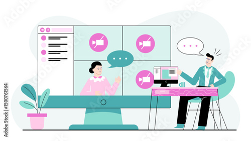 Man and woman video call on computer, suitable for remote work, online meetings, telecommuting concept illustrations and designs.