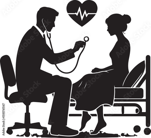 Silhouette of doctor examining patient with stethoscope and heart rate monitor above