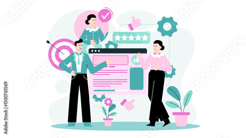 Three people evaluating the quality of a website with a five star rating, suitable for online reviews or feedback concepts.