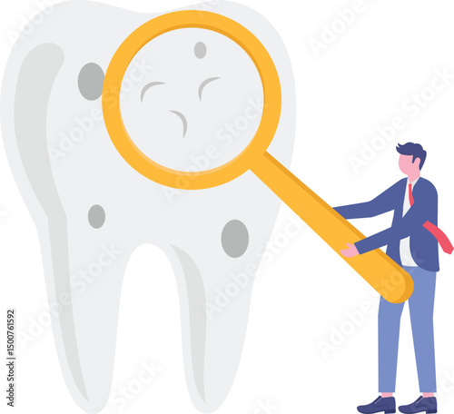 Dentist showing caries on tooth to children. Magnifier, diagnostics, doctor flat vector illustration.


