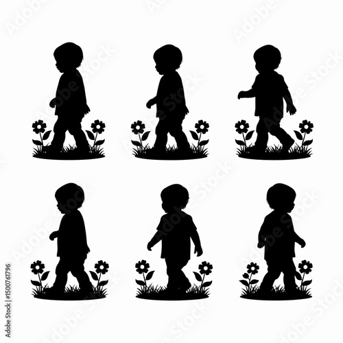 Toddler walking silhouette with flowers
