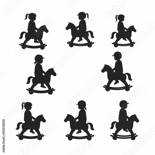 Rocking horse toy with children playing silhouette