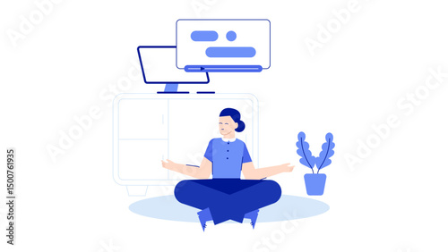 Woman meditating in front of a bookshelf, ideal for wellness blogs, relaxation concepts, mindfulness promotions, and mental health materials.