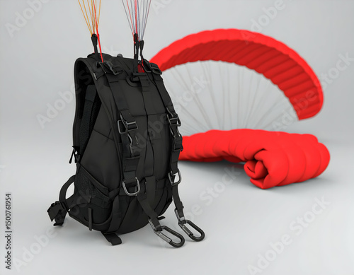 Black paragliding harness with red canopy in a minimalist studio setting, showcasing aerial sports equipment for enthusiasts