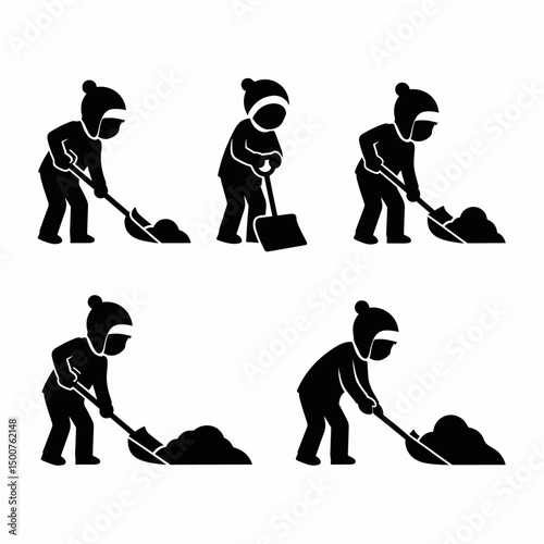 Kid shoveling snow winter scene