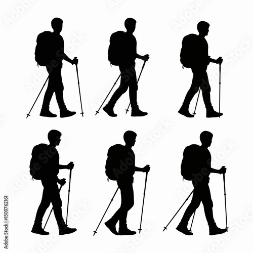 Hiking people silhouettes with sticks backpacking walk