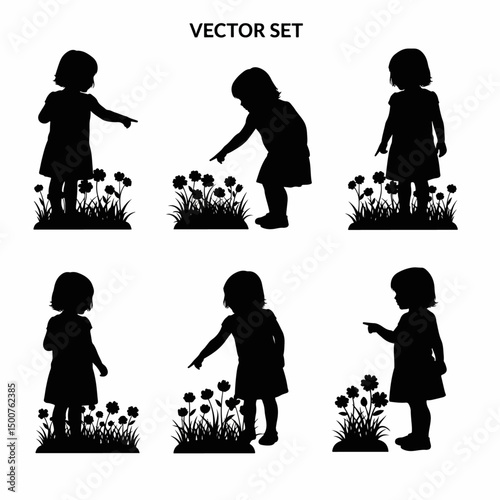 Child silhouettes exploring nature with flowers set