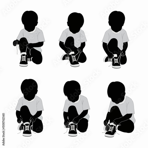 Boy learning to tie shoelaces steps