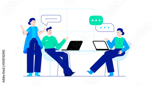 Three people focused on laptops in a discussion. Perfect for business communications, teamwork, collaboration, co-working, digital nomads, and technology concepts.