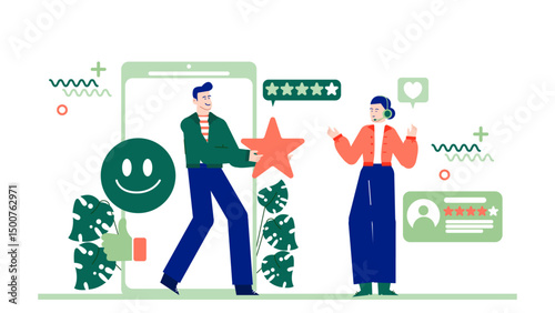 Man giving a star to a woman with a headset, suitable for employee recognition, teamwork, customer service, reviews, rewards, and appreciation.