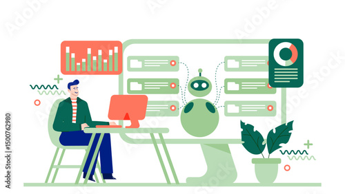 Man working at desk with computer, robot, plant. Suitable for technology, AI, workspace concepts in presentations, websites, ads.