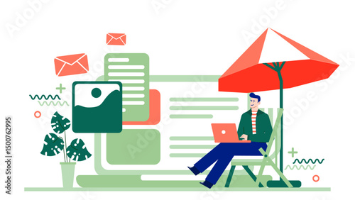 Man uses laptop under umbrella outdoors; suitable for remote work, summer concepts, vacations, technology in nature themes.