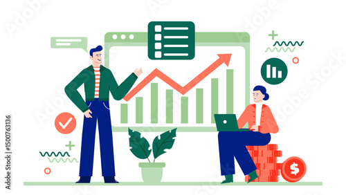 Two people discussing financial success with an upward trending graph. Suitable for business presentations, financial reports, and investment concepts.