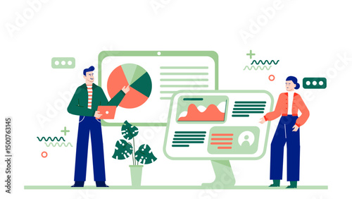 Two people discussing a pie chart and line graph, suitable for presentations, business reports, statistical analysis, marketing materials.