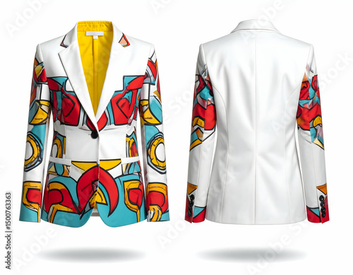 Colorful abstract patterned blazer displayed from front and back, showcasing vibrant designs against a clean background