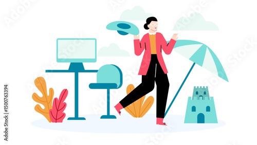 Woman at a computer with sandcastle and umbrella. Ideal for vacation, travel, remote work, technology, beach, relaxation, and getaway concepts.