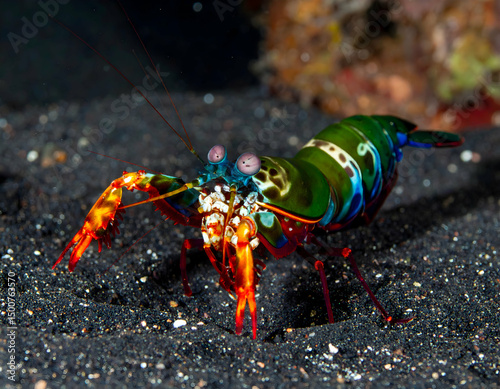 Colorful mantis shrimp displaying vibrant colors while foraging on the ocean floor, surrounded by marine life and coral