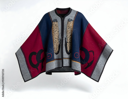 Colorful traditional poncho featuring intricate designs and textures, displayed against a clean white background