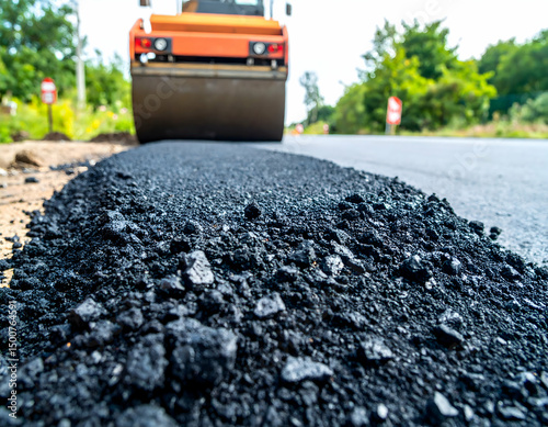 Construction site with a road roller compacting fresh asphalt on a sunny day, surrounded by trees and road signs