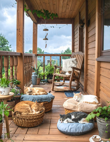 Cozy balcony scene featuring multiple cats lounging in comfortable beds surrounded by plants, with a serene landscape in the background
