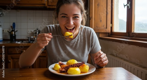 Photo Of A Woman Eating A Meal With Octopus And Potato On A Wooden Table