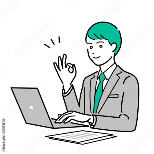 オッケーサインをしたPC作業中のビジネススーツを着た男性のシンプルな上半身ベクターイラスト