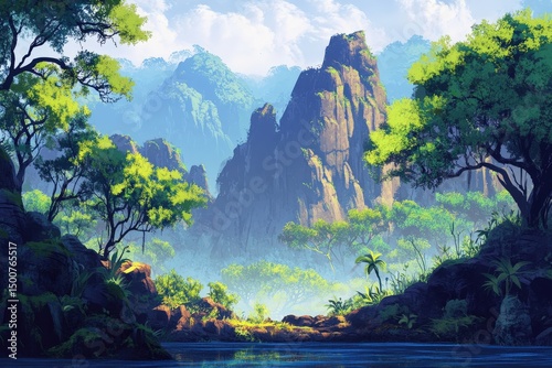 Lush jungle landscape with tall mountain
