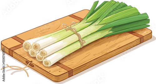 Fresh Leeks on a White Cutting Board Culinary Vector Background