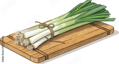 Fresh Leeks on a White Cutting Board Clean Vector Background