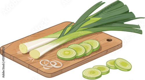 Fresh Leeks on White Cutting Board Vibrant Vector Background