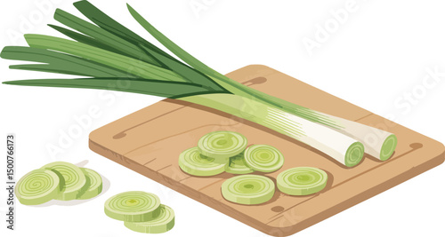 Fresh Leeks on White Cutting Board Background Illustration