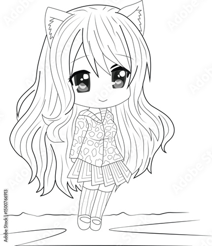 Cute Chibi Cat Girl Coloring Page Outline, Adorable black and white line art illustration of a chibi style girl with cat ears and a tail. Perfect outline drawing for coloring books, children's 