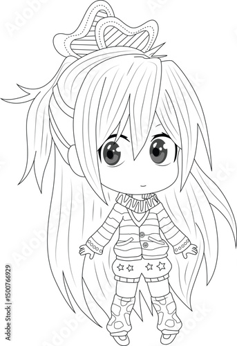 Cute Chibi Girl Line Art Coloring Page, Black and white line drawing of a cute anime style chibi girl with long hair and big eyes, wearing a sweater, shorts, and socks. Ideal for coloring books, 