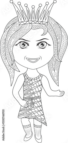 Cute Chibi Princess Girl Line Art Illustration, Black and white line art illustration of an adorable chibi style girl wearing a princess crown and a decorative, patterned dress, suitable for 