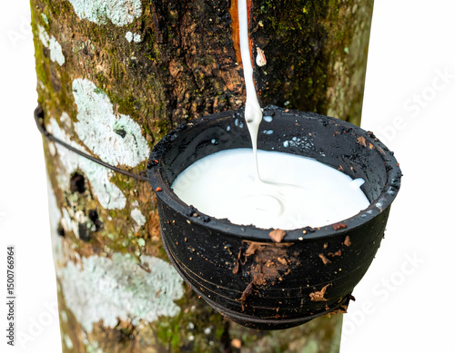 Fresh latex dripping from a rubber tree into a black bowl, showcasing the natural harvesting process in a tropical environment
